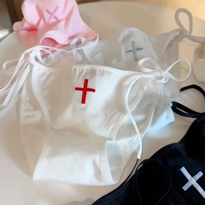 Sous-vêtement imprimé croisé à lacets pour cosplay d'infirmière, coton Lolita, culotte douce pour fille, sexy, taille basse, respirant, doux, mignon