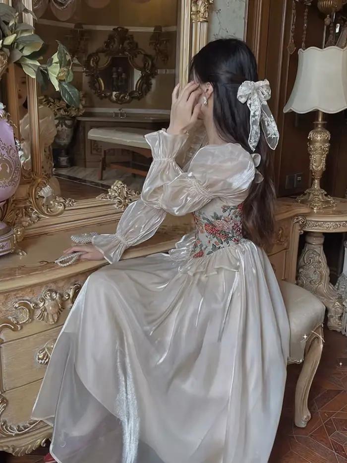 Elegantní vintage květinové šaty pro ženy 2023 podzim kulatý výstřih ležérní večerní