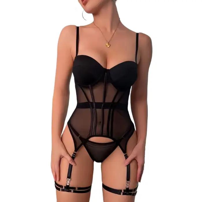 Lingerie en maille de marque de luxe, body dos nu pour femmes, ensemble de Lingerie 3 pièces avec jarretelles, robes sexy pour femmes