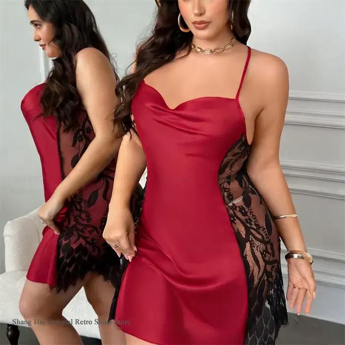 Chemise de nuit pour femme grande taille 3XL 4XL 5XL, nuisette sexy en dentelle ajourée, lingerie ample en satin, vêtement d'intérieur
