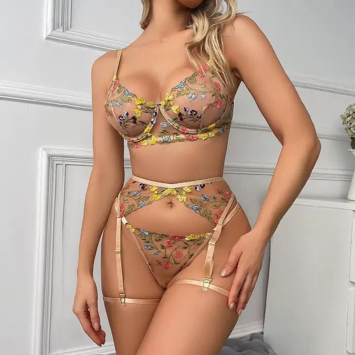 Echonight – Lingerie sensuelle en dentelle, sous-vêtements brodés transparents, jarretelles 3 pièces fantaisie, beaux kits de soins de la peau courts, intimes