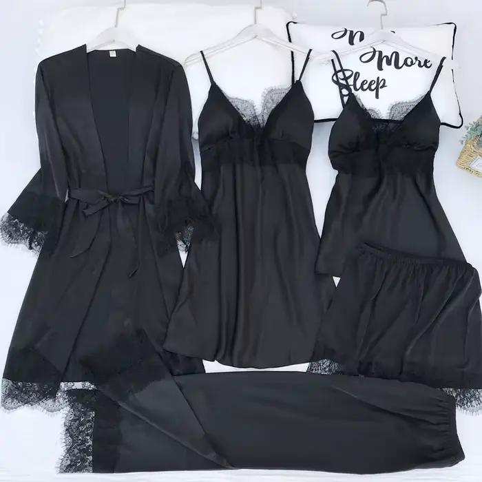 Ensemble de pyjamas en dentelle pour femmes, robe de bain sexy, chemise de nuit en satin, vêtements de maison, vêtements de détente, printemps, été, 5 pièces