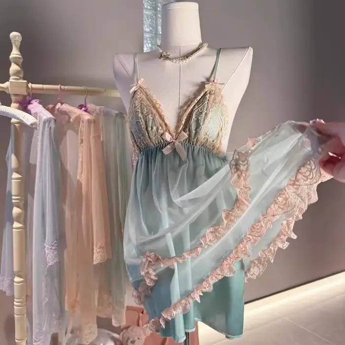 Chemise de nuit de rêve transparente en dentelle, avec coussinet de poitrine, Lingerie Sexy, robes de chambre pour femmes, pyjama, vêtements de détente pour dames