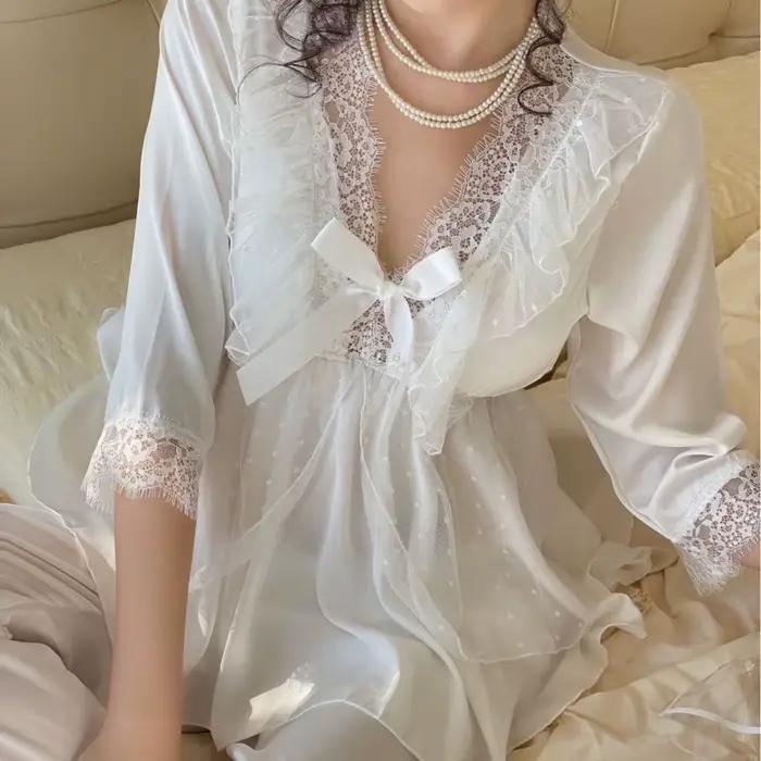 Pyjama princesse Sexy en soie glacée pour femmes, ensemble 2 pièces en dentelle avec nœud papillon, doux, manches longues, pantalon, chemise de nuit, vêtements de nuit, printemps été 2026