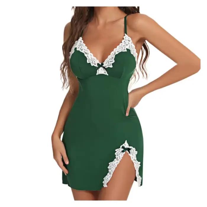 Pyjama Sexy en dentelle pour femmes, nuit d'été, col en v, sous-vêtements de poupée entièrement antidérapants, chemise de nuit