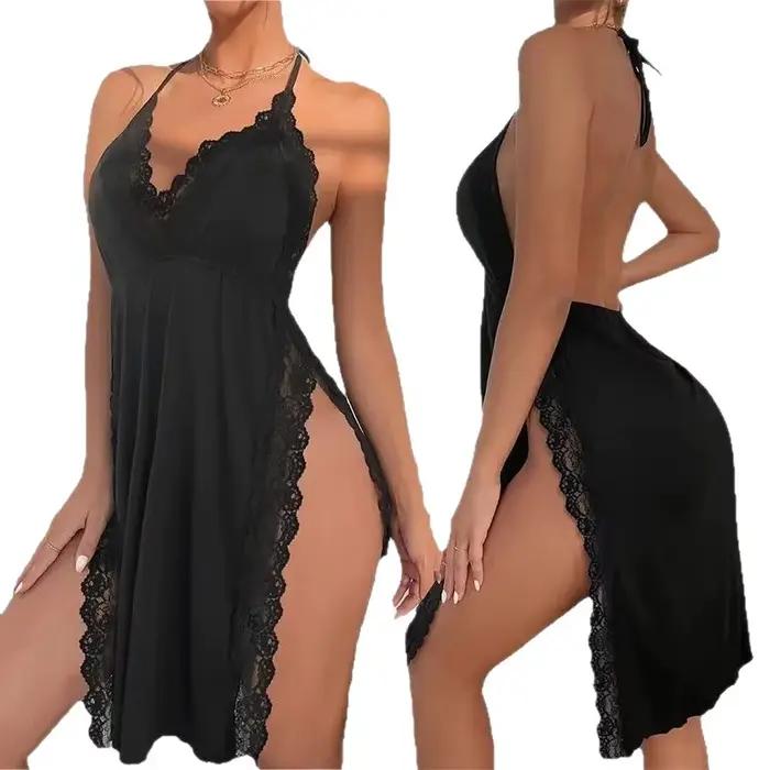 Chemise de nuit sexy dos nu imprimé léopard avec bordure en dentelle, robe de lingerie licou en V profond pour femmes, vêtements de nuit doux à fente latérale sexy chic