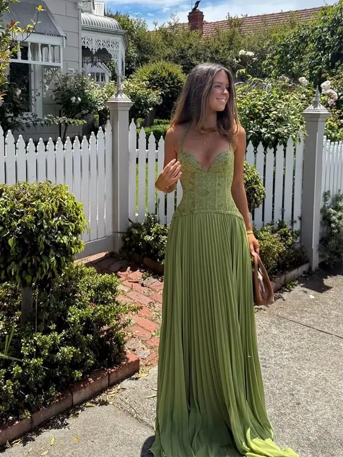 Robe longue corset vert pour femme, dos nu, patchwork, à lacets, plissée, coupe ajustée, maxi, élégante, pour soirée, été 2026