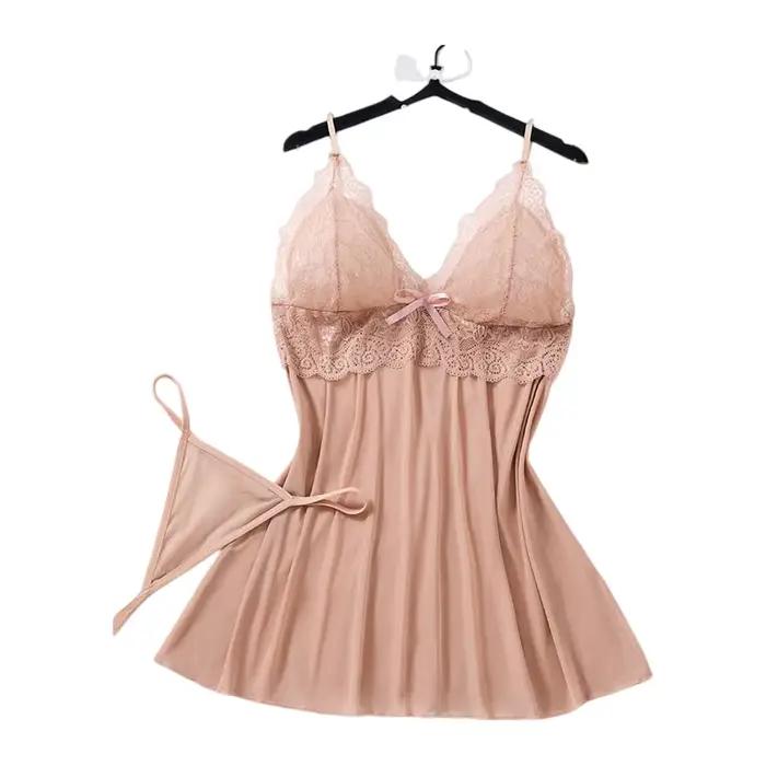 Robe de lingerie sexy pour femme, nuisette transparente en dentelle et maille, unie, coupe ajustée, col en V, vêtement de nuit d'été, chemise de nuit