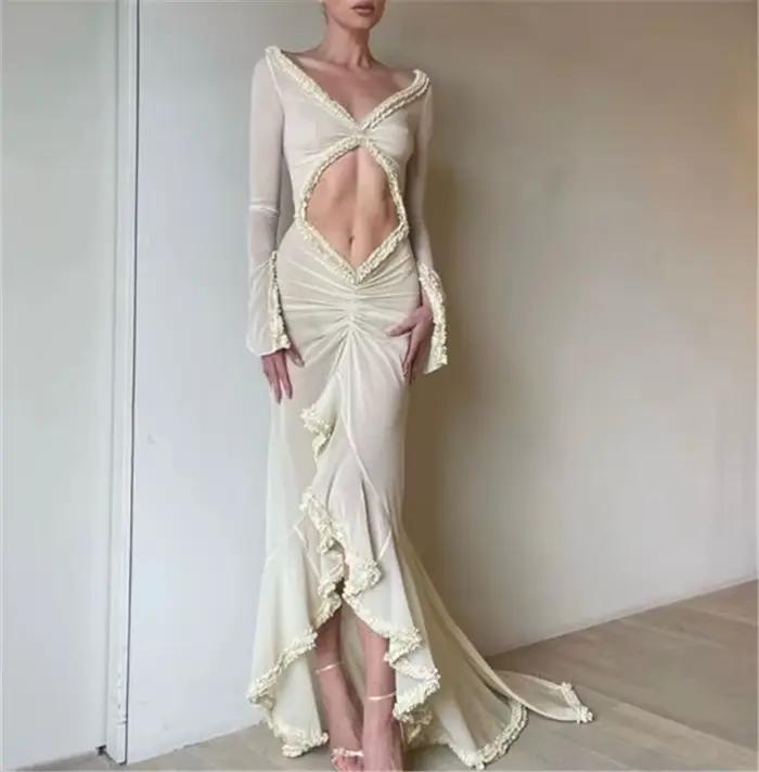 Gaono Sexy femmes nuisette Lingerie à manches longues col en V Chemise maille vêtements de nuit longue robe volants garniture pure robe de nuit
