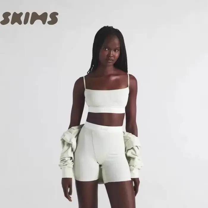 SKIMS RIB SCOOP BRALETTE - Bralette côtelée en coton à manches courtes pour femme, sous-vêtement dos nu
