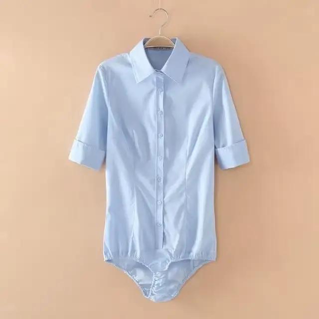 Body Shirt à Manches sulfpour Femme, Sexy, Décontracté, Bureau, Slim, Bleu/Blanc, #2102, 2022
