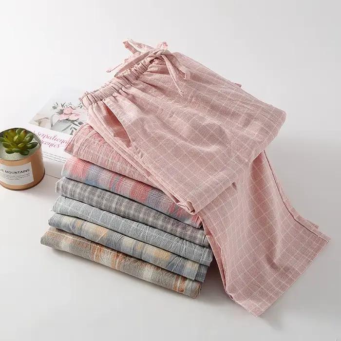Grande taille japonais minimaliste à carreaux femmes pyjamas pantalons femmes doux maison pantalon ample pantalons décontractés taille élastique maison pantalon