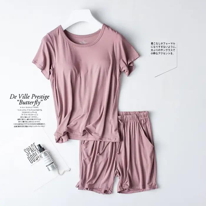 Ensemble de pyjama en coton modal pour femme, coussretours de poitrine, manches courtes, soutien-gorge grande taille, short adt, vêtements de nuit, nouveau