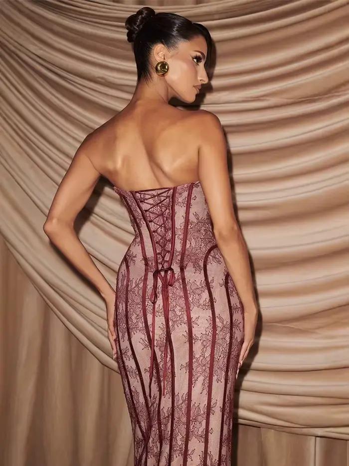 Robe longue élégante sans bretelles en dentelle, corset sexy dos nu, cintrée à la taille, robe maxi ajustée pour femme, idéale pour les mariages d'été et les soirées (Vestidos)