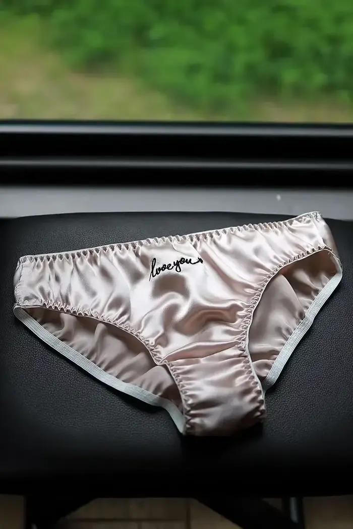 Love You-Slip audible en satin de soie de mûrier brodé pour femme, sexy, doux, bactériostatique, respirant