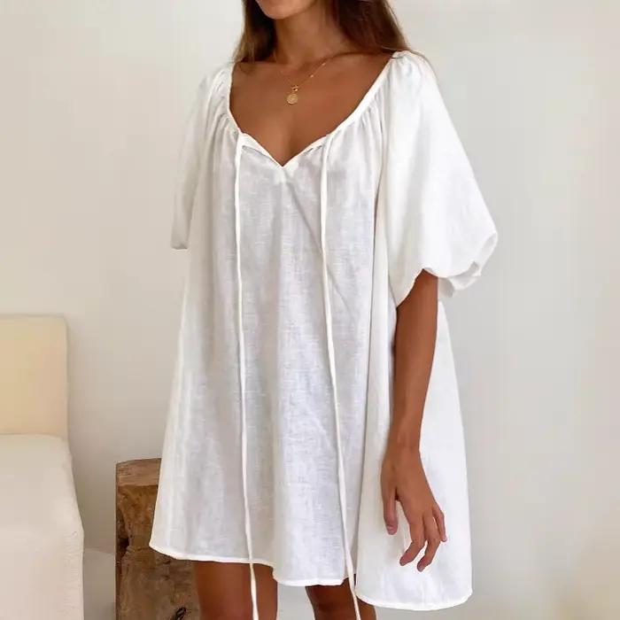 Robe de nuit d'été blanche 2026 pour femme, décontractée, 100 % coton, ample, respirante, confortable, pour la maison, avec lien ajustable