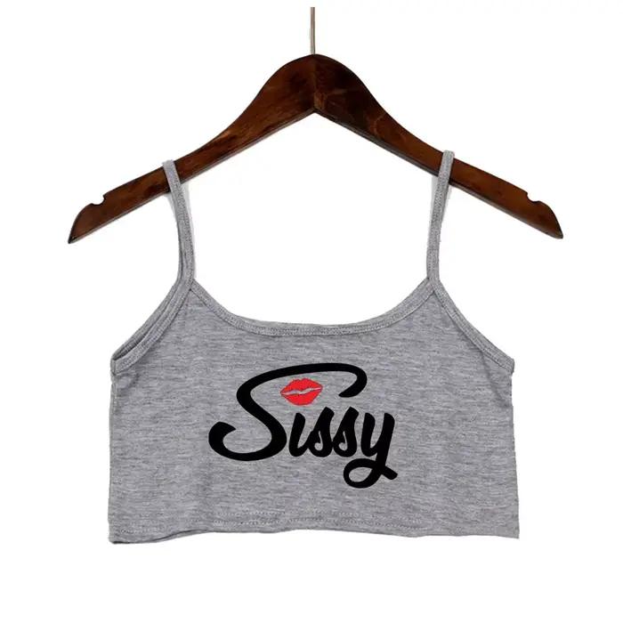 SISSY písmena červené rty potisk letní ženy krátký top Sexy elastická bavlna Camis bez rukávů krátké tílko Bar topy