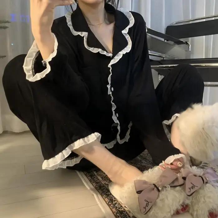 Ensemble de pyjama noir à manches longues pour femmes, dentelle, mignon, doux, confortable, pantalon, version coréenne, automne, hiver