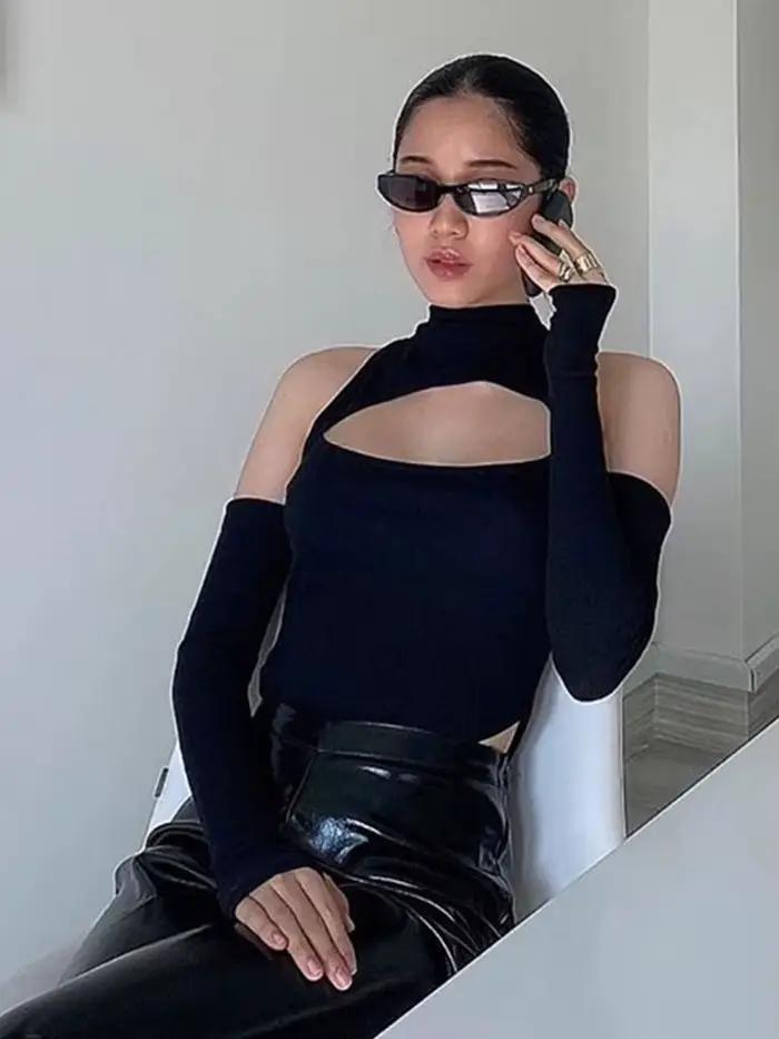 Barboteuse noire sexy ajourée pour femmes, costume de batterie Harajuku, streetwear ouvert, pulls de corps de club de fête, vêtements pour femmes, 2023