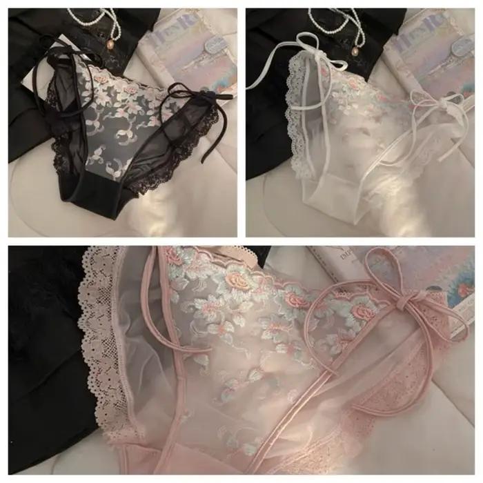 Culotte transparente brodée à fleurs taille basse en dentelle pour femme avec entrejambe en coton