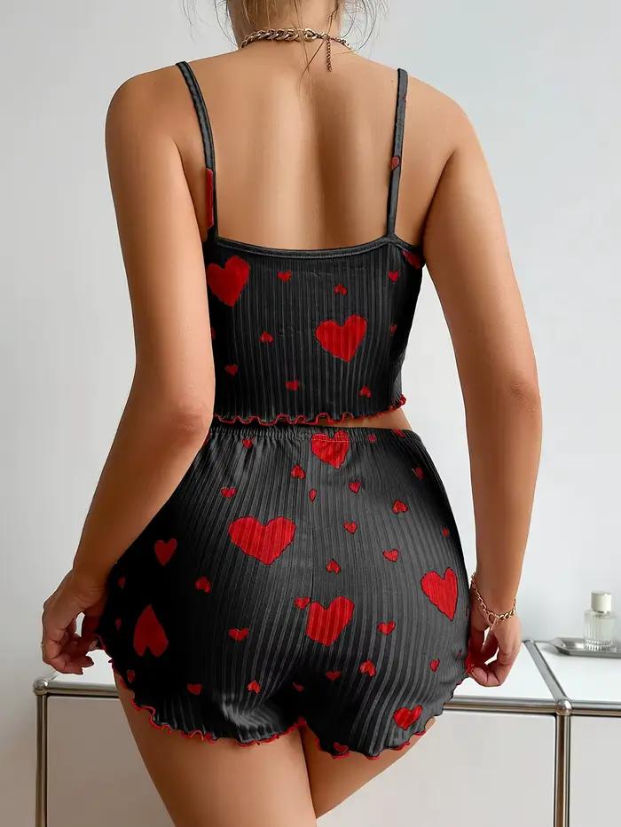 Ensemble de pyjamas 2 pièces pour femmes, vêtements de maison, imprimé cœur, sous-vêtements, pyjamas sexy, lingerie, camisoles, ensembles de shorts, vêtements de nuit