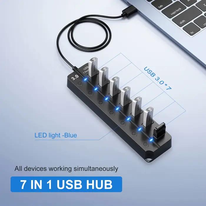 Répartiteur USB Hub 3.0 multiprise, haute vitesse, 7 ports, 5Gbps, adaptateur d'alimentation avec interrupteur, câble Long avec plusieurs Hub d'extension
