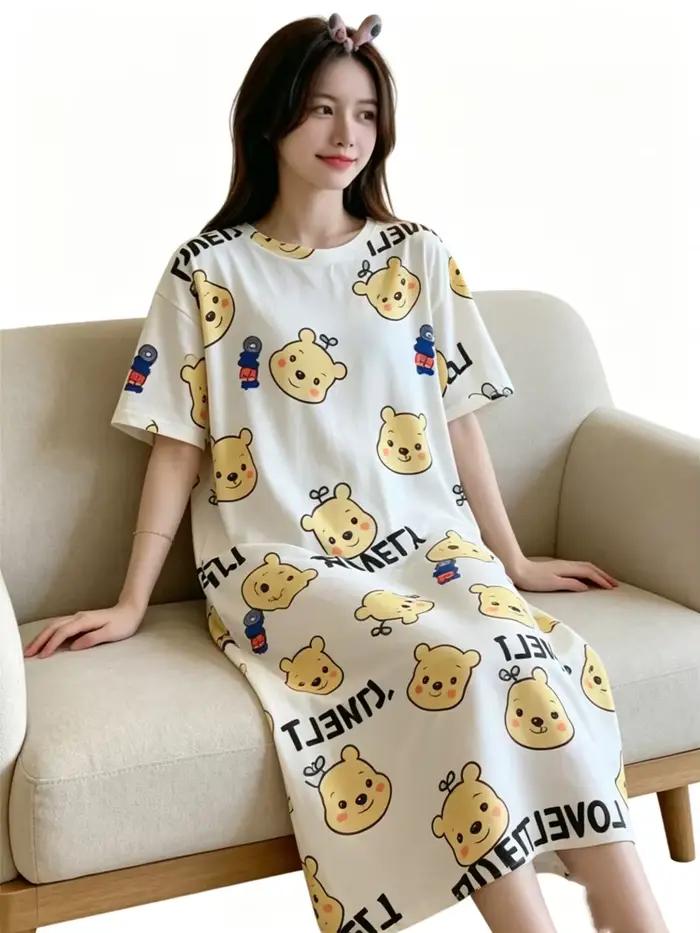 Chemise de nuit pour femmes, version coréenne, vêtements d'intérieur pour filles, style doux, motif dessin animé mignon, pyjama ample et léger, Kawaii, respirant et décontracté