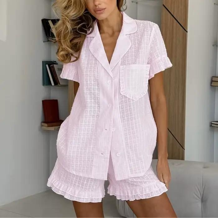 Ensemble pyjama deux pièces en coton jacquard à carreaux roses avec short à volants, chemises à manches courtes à poches et pantalon court à carreaux pour femme, tenue de détente