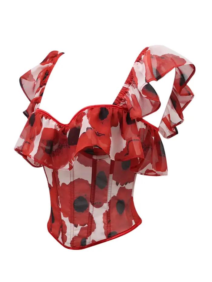 Corset floral rouge pour femme, décolleté cœur, manches à volants, dos lacé, style bustier gothique vintage, serre-taille, tenue de soirée