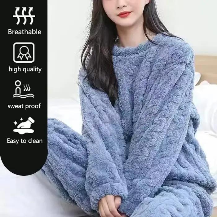 Ensemble pyjama épais et chaud en polaire de corail pour femme, vêtements de maison imprimés de dessins animés, vêtements de nu