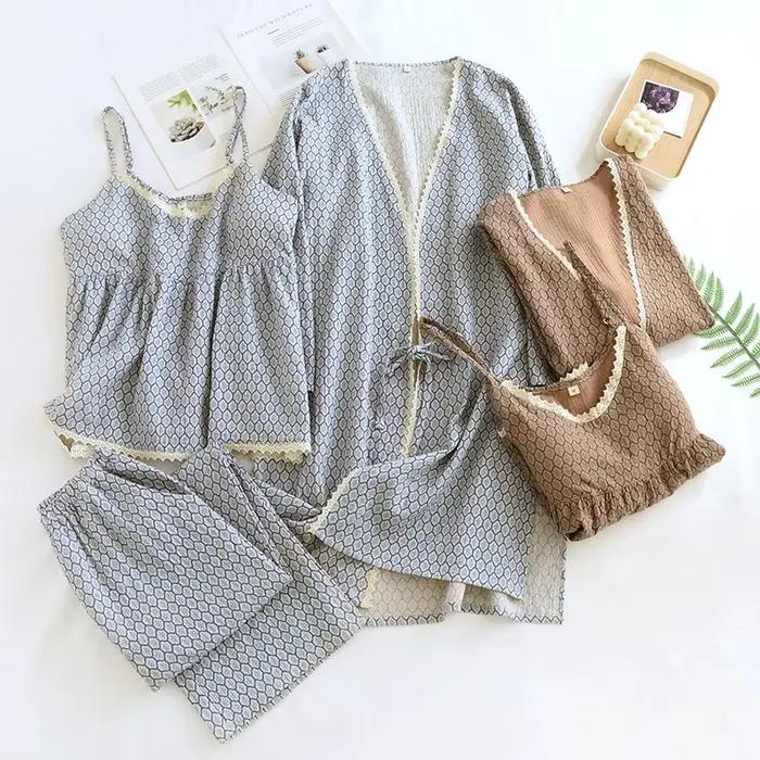 Pyjama en pansement 2023 coton pour femme, robe à manches longues, haut licou, pantalon, ensemble trois pièces, bretelles avec coussinets de poitrine