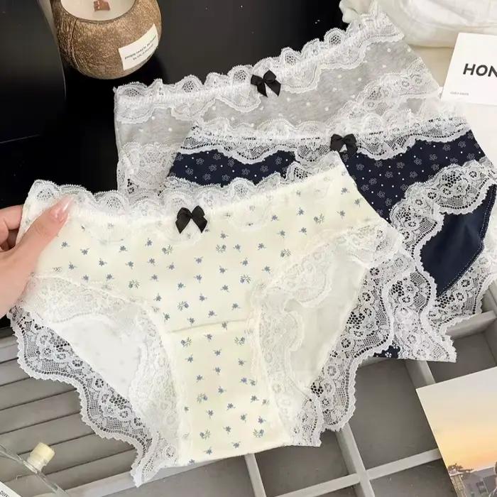 Culottes en dentelle taille moyenne pour femme, motif tulipe et nœud, sous-vêtements en coton à pois, à carreaux et floraux