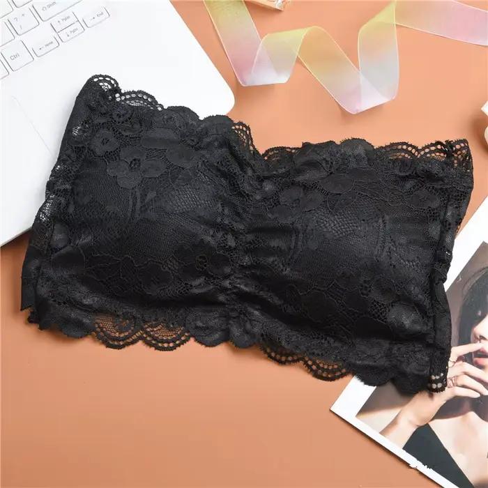 Soutien-gorge bandeau en dentelle pour femme, rembourré, bralette, sous-vêtements en dentelle florale, lingerie sexy, couleur unie, enveloppant