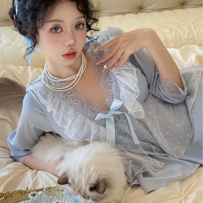 Ensemble pyjama en dentelle à manches longues pour femme, Lingerie printemps-automne, Satin soyeux, vêtements de nuit imprimés, vêtements de détente