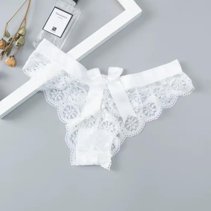 Incroyable femmes Lingerie G String sous-vêtements en dentelle femme nœud Sexy t-back String dame Transparent taille basse culotte