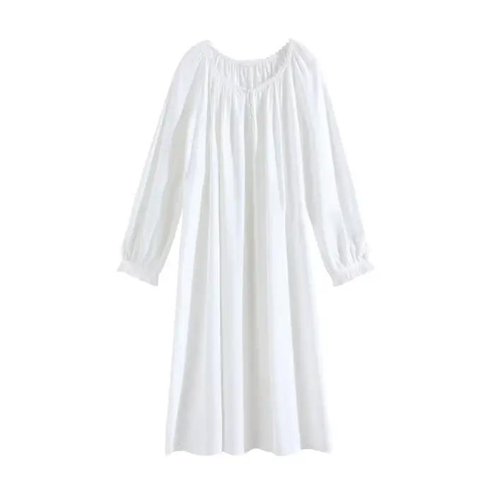 Chemise de nuit en coton à manches longues pour femmes, chemise de nuit à col rond simple, chemise de nuit grande taille, chemise de nuit mi-mollet adt, robe de maison décontractée, vêtements de nuit 