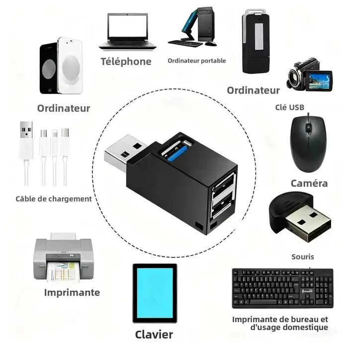 Hub USB 3.0, adaptateur et distributeur USB-A 3 ports, Plug and Play, aucun pilote requis, facile à utiliser, pour ordinateur portable, PC, voiture, Mac Pro, iPa