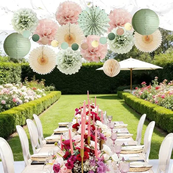 Décorations suspendues en papier vert sauge, lanternes et fleurs pompons pour mariage, fête, anniversaire, enterrement de vie de jeune fille, Saint-Valentin