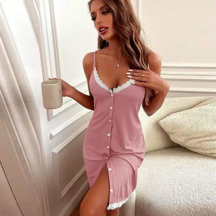 Chemises de nuit en dentelle pour femmes, boutons, Sexy, col licou, sous-confortable, décontracté, peut être porté à l'extérieur de la chemise de nuit, vêtements de maison