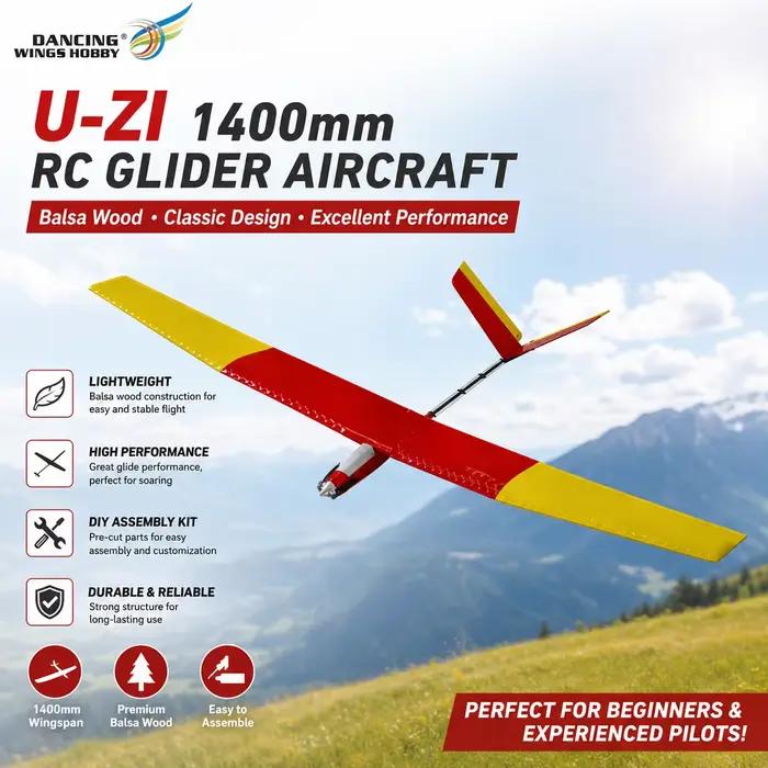 Kit de planeur DW Hobby U-ZI 1400 mm – F14 en bois de balsa de 55 pouces avec moteur et hélice pliable