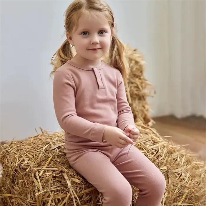 Printemps automne enfant en bas âge pyjamas costume couleur unie coton enfants hauts + Leggings bébé garçon fille vêtements costume