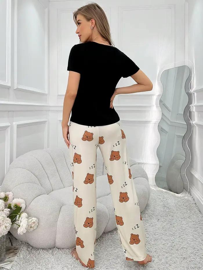 Ensemble 2 pièces de pyjama quatre saisons pour femmes, ensemble pyjama décontracté et mignon imprimé dessin animé, manches courtes, pantalon Long