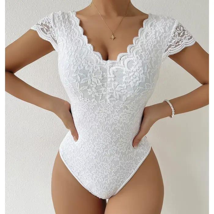Combinaison une pièce élégante en dentelle blanche pour femmes, costume de batterie, string à col en V, shaper de batterie, vêtements en saillie ajustés, mode Y, sexy