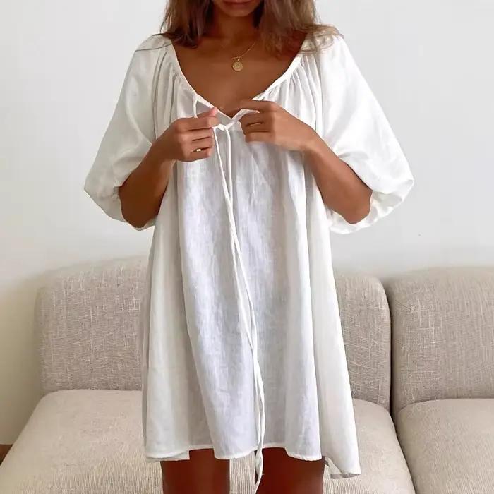 Robe de nuit d'été blanche 2026 pour femme, décontractée, 100 % coton, ample, respirante, confortable, pour la maison, avec lien ajustable