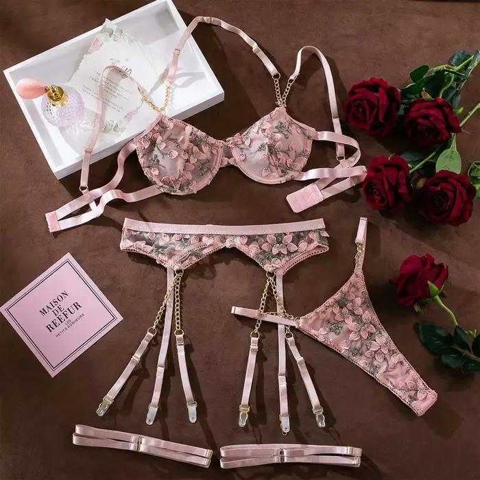 Ensemble de Lingerie brassière imprimé brodé pour femmes, chemise de nuit Sexy en dentelle et maille Patchwork avec Corset en V profond, Lingerie en résille pour femmes