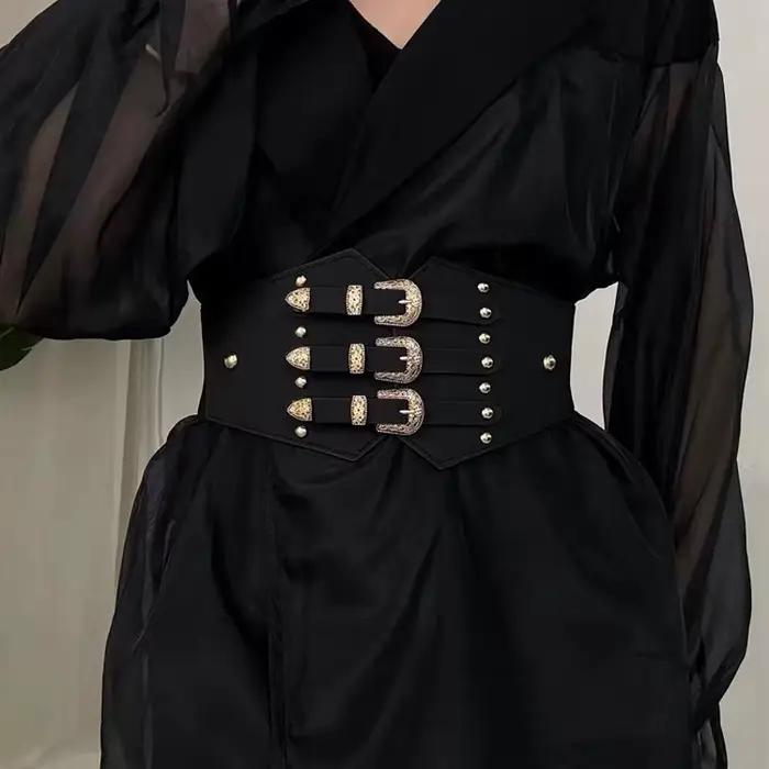 Ceinture Corset Renaissance pour femmes, large ceinture de taille en cuir PU avec boucle dorée pour robes, Costumes de Cosplay quotidiens d'halloween