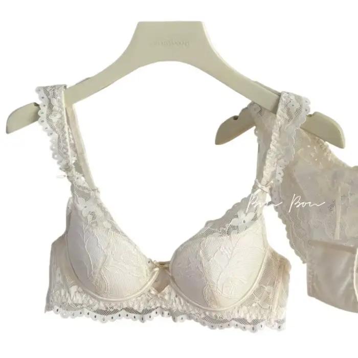 Ensemble de soutien-gorge en dentelle française pour filles, Anti-affaissement, anneau en acier doux, froncé, petite poitrine, Illusion de coton, bonnet 3/4, sangle fixe