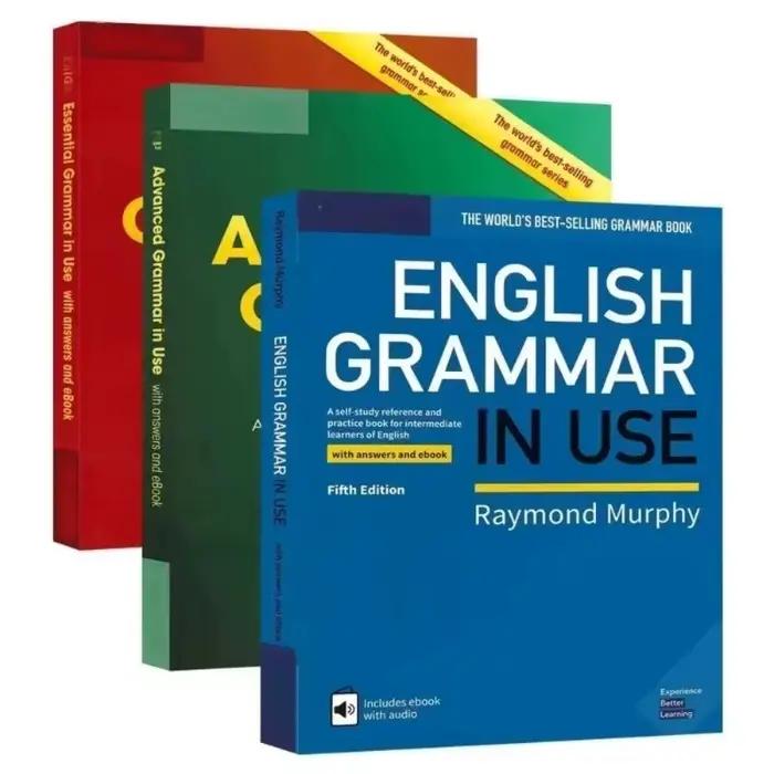 3 livres de grammaire anglaise élémentaire, grammaire anglaise essentielle avancée, livre d'exercices de préparation aux tests d'anglais, optionnel