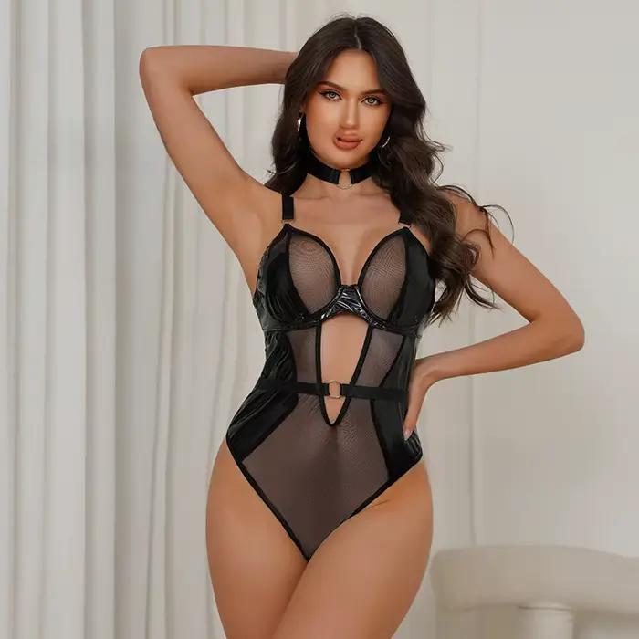 Body sexy en dentelle moulant en polyester respirant, lingerie sculptante fine, modèle séduisant en cuir peint, transfrontalier