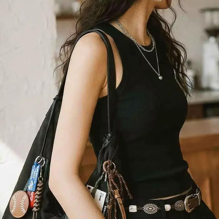 Débardeur Maden pour femme avec soutien-gorge intégré, dos nageur, rembourré, sans manches, style camisole, décontracté, côtelé, uni, pour superposition, Printemps-Été